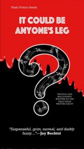 "It Could be Anyone's Leg" book cover. The title of the book is against a black and red background that symbolizes dripping blood. A big black question mark is centered in the middle of the cover.